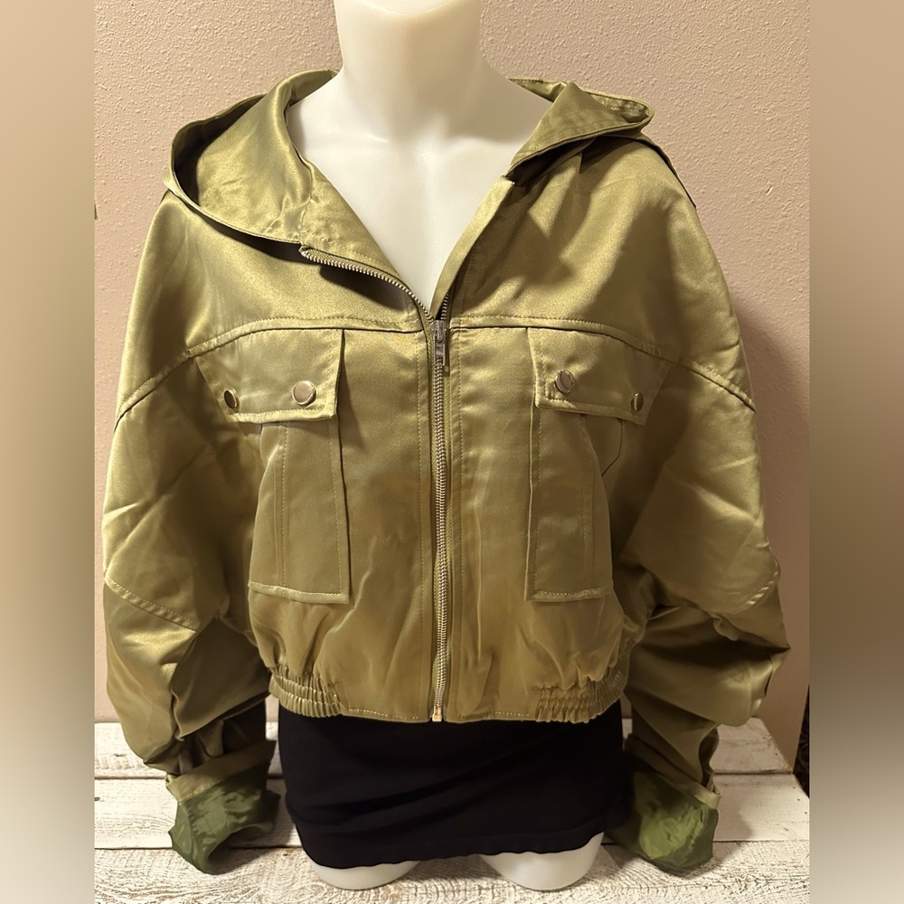 Pretty Little Thing Satin Oversized Hooded Pocket Bomber Jacket - NWT